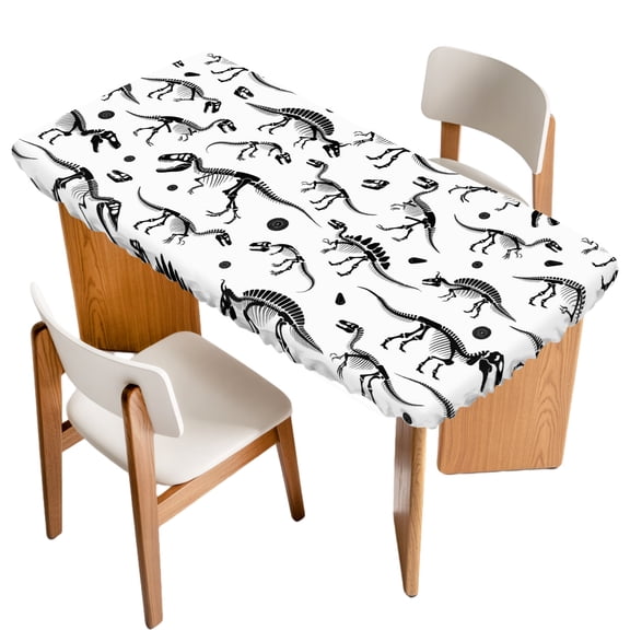 Fitted Tablecloth for 3 ft Rectangle Tables Dinosaur Fossils Table Cover with Elastic Edge Black White Animal Waterproof Table Clothes for Patio Garden Dinner Party Picnic Indoor Outdoor Decor