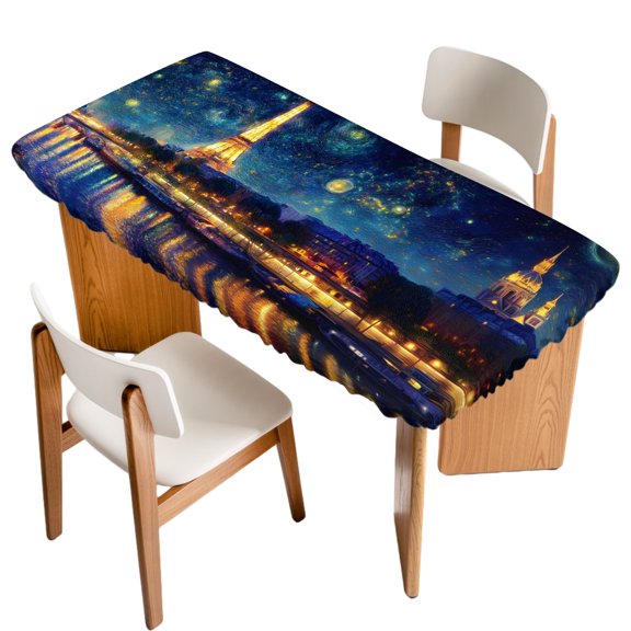Fitted Tablecloth for 3 ft Rectangle Tables Eiffel Tower River Table Cover with Elastic Edge Starry Night Impressionist Waterproof Table Clothes for Patio Garden Dinner Party Picnic Decor