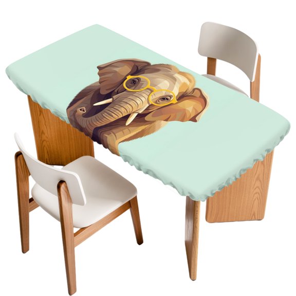 Fitted Tablecloth for 3 ft Rectangle Tables Elephant Wear Glasses Table Cover with Elastic Edge Blue Funny Animal Waterproof Table Clothes for Patio Garden Dinner Party Picnic Indoor Outdoor Decor