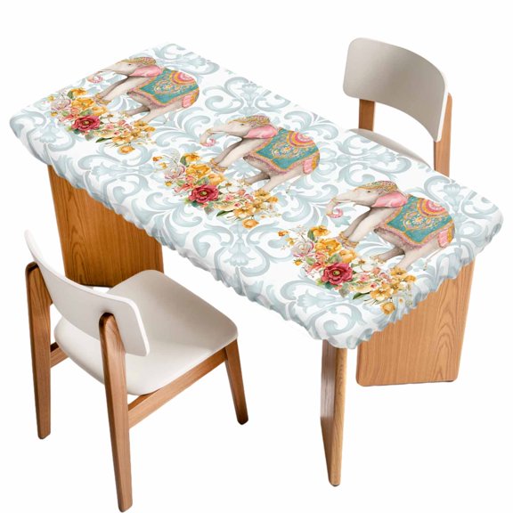Fitted Tablecloth for 3 ft Rectangle Tables Floral Elephant Table Cover with Elastic Edge Blue Bohemian Flower Waterproof Table Clothes for Patio Garden Dinner Party Picnic Indoor Outdoor Decor