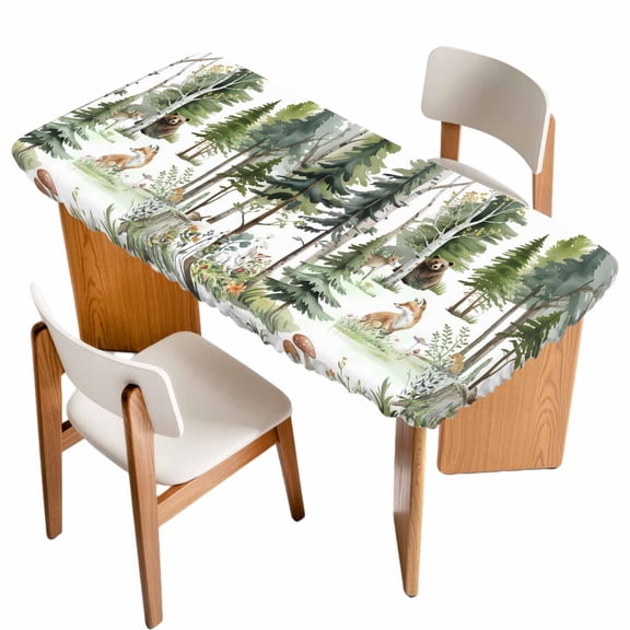 Fitted Tablecloth for 3 ft Rectangle Tables Forest Animal Table Cover with Elastic Edge Woodland Bear Fox Deer Bird Waterproof Table Clothes for Patio Garden Dinner Party Picnic Indoor Outdoor Decor