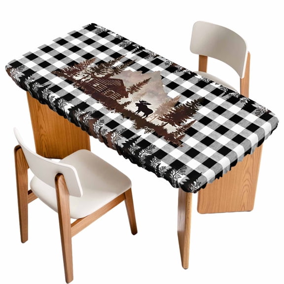 Fitted Tablecloth for 3 ft Rectangle Tables Forest Moose Table Cover with Elastic Edge Cabin Animal Pine Tree Woodland Plaid Waterproof Table Clothes for Patio Garden Dinner Party Picnic Decor