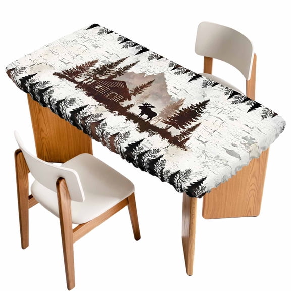 Fitted Tablecloth for 3 ft Rectangle Tables Forest Moose Table Cover with Elastic Edge Log Cabin Animal Pine Tree Woodland Waterproof Table Clothes for Patio Garden Dinner Party Picnic Decor