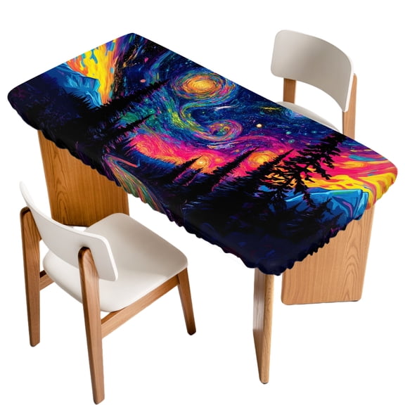 Fitted Tablecloth for 3 ft Rectangle Tables Forest Path Swirling Sky Table Cover with Elastic Edge Pink Star Moon Impressionist Waterproof Table Clothes for Patio Garden Dinner Party Picnic Decor