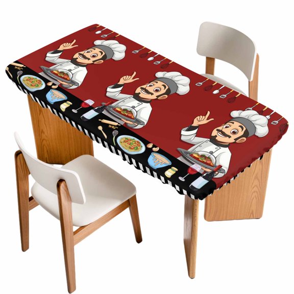 Fitted Tablecloth for 3 ft Rectangle Tables Funny Chef Kitchen Table Cover with Elastic Edge Buffalo Plaid Check Red Waterproof Table Clothes for Patio Garden Dinner Party Picnic Indoor Outdoor Decor