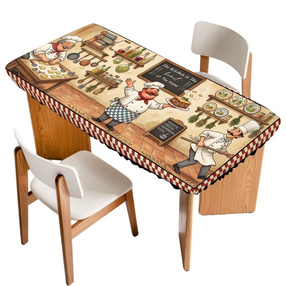 Fitted Tablecloth for 3 ft Rectangle Tables Funny Chef Table Cover with Elastic Edge Cozy Cooking Kitchen Red Plaid Waterproof Table Clothes for Patio Garden Dinner Party Picnic Indoor Outdoor Decor