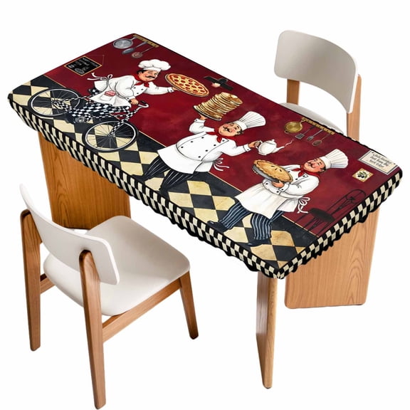 Fitted Tablecloth for 3 ft Rectangle Tables Funny Chef Table Cover with Elastic Edge Cozy Kitchen Pizza Buffalo Plaid Waterproof Table Clothes for Patio Garden Dinner Party Picnic Decor