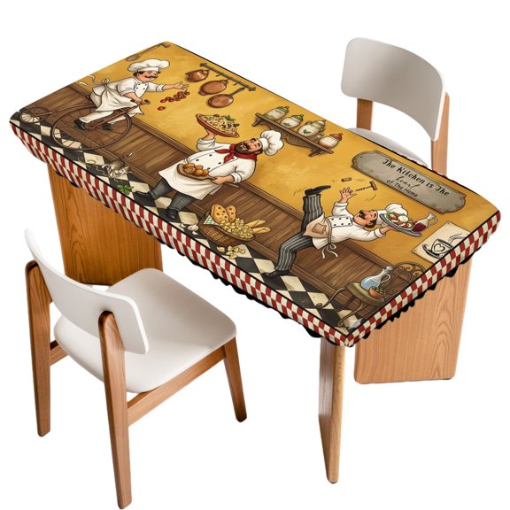 Fitted Tablecloth for 3 ft Rectangle Tables Funny Chef Table Cover with Elastic Edge Pizza Toss Cooking Kitchen Plaid Waterproof Table Clothes for Patio Garden Dinner Party Picnic Decor
