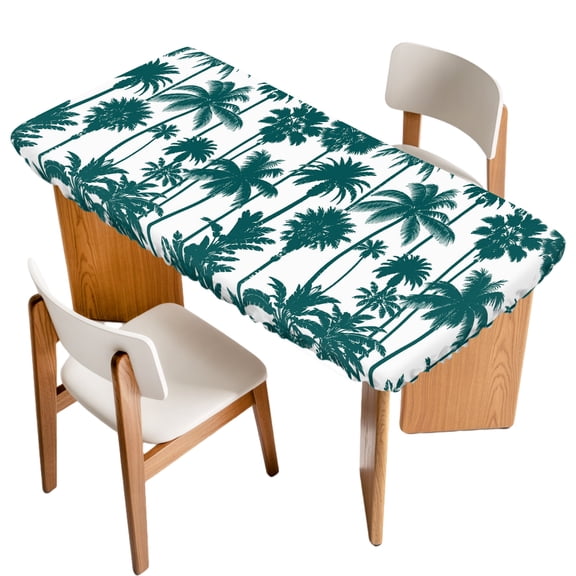 Fitted Tablecloth for 3 ft Rectangle Tables Green Coconut Trees Table Cover with Elastic Edge Summer Tropical Jungle Waterproof Table Clothes for Patio Garden Dinner Party Picnic Decor