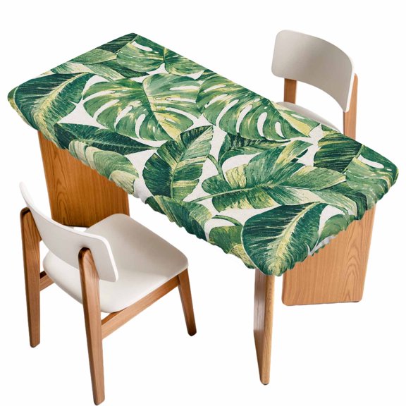 Fitted Tablecloth for 3 ft Rectangle Tables Green Tropical Palm Leaves Table Cover with Elastic Edge Summer Rainforest Jungle Waterproof Table Clothes for Patio Garden Dinner Party Picnic Decor