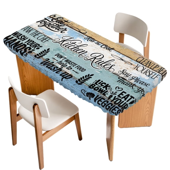 Fitted Tablecloth for 3 ft Rectangle Tables Kitchen Art Text Table Cover with Elastic Edge Spoon Knife Blue Wood Grain Waterproof Table Clothes for Patio Garden Dinner Party Picnic Decor