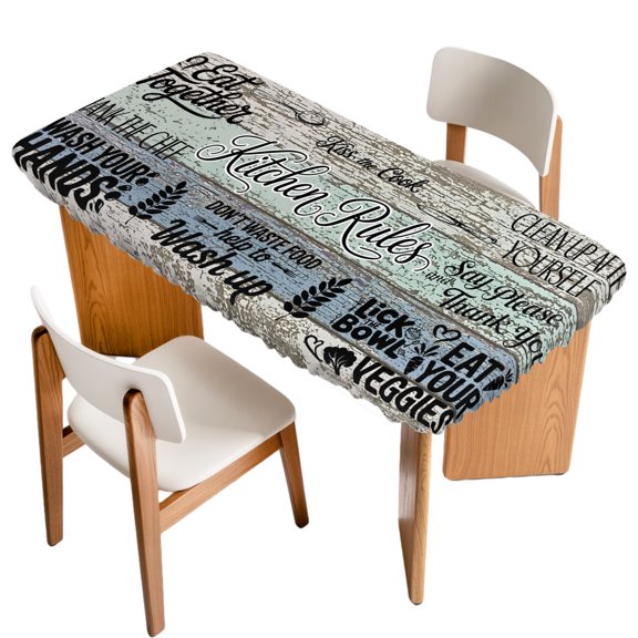 Fitted Tablecloth for 3 ft Rectangle Tables Kitchen Art Text Table Cover with Elastic Edge Spoon Knife Grey Blue Wood Grain Waterproof Table Clothes for Patio Garden Dinner Party Picnic Decor