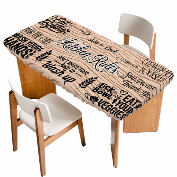 Fitted Tablecloth for 3 ft Rectangle Tables Kitchen Art Text Table Cover with Elastic Edge Spoon Knife Grey Stripes Waterproof Table Clothes for Patio Garden Dinner Party Picnic Indoor Outdoor Decor