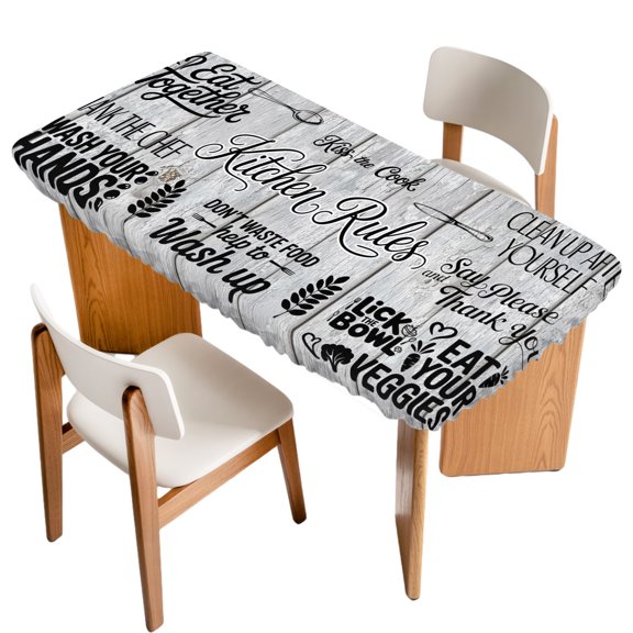 Fitted Tablecloth for 3 ft Rectangle Tables Kitchen Art Text Table Cover with Elastic Edge Spoon Knife Grey Wood Grain Waterproof Table Clothes for Patio Garden Dinner Party Picnic Decor