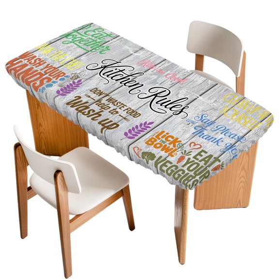 Fitted Tablecloth for 3 ft Rectangle Tables Kitchen Art Text Table Cover with Elastic Edge Spoon Knife Grey Wooden Plank Waterproof Table Clothes for Patio Garden Dinner Party Picnic Decor