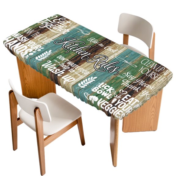 Fitted Tablecloth for 3 ft Rectangle Tables Kitchen Art Text Table Cover with Elastic Edge Spoon Knife Teal Wood Grain Waterproof Table Clothes for Patio Garden Dinner Party Picnic Decor