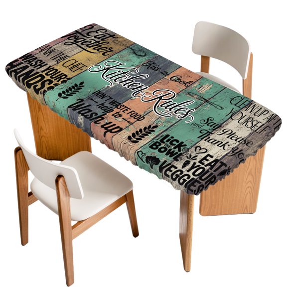 Fitted Tablecloth for 3 ft Rectangle Tables Kitchen Art Text Table Cover with Elastic Edge Spoon Knife Wood Grain Waterproof Table Clothes for Patio Garden Dinner Party Picnic Indoor Outdoor Decor