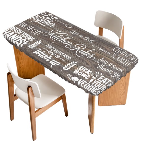 Fitted Tablecloth for 3 ft Rectangle Tables Kitchen Art Text Table Cover with Elastic Edge Spoon Knife Wooden Plank Waterproof Table Clothes for Patio Garden Dinner Party Picnic Indoor Outdoor Decor
