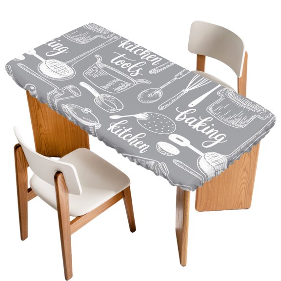 Fitted Tablecloth for 3 ft Rectangle Tables Kitchen Tools Table Cover with Elastic Edge Grey Utensils Pots Pans Spoon Fork Waterproof Table Clothes for Patio Garden Dinner Party Picnic Decor