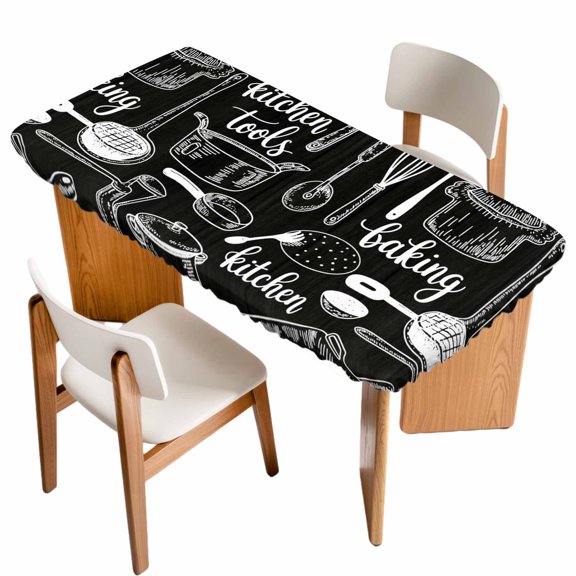 Fitted Tablecloth for 3 ft Rectangle Tables Kitchen Tools Table Cover with Elastic Edge Utensils Pots Pans Spoon Fork Waterproof Table Clothes for Patio Garden Dinner Party Picnic Decor