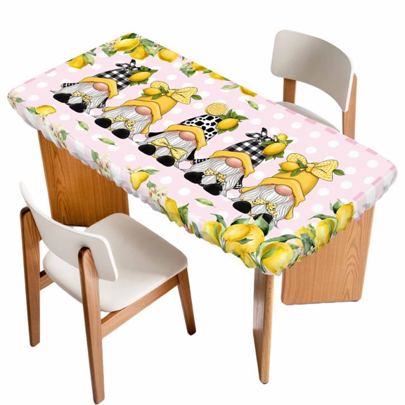 Fitted Tablecloth for 3 ft Rectangle Tables Lemon Gnomes Table Cover with Elastic Edge Summer Pink Polka Dot Plaid Waterproof Table Clothes for Patio Garden Dinner Party Picnic Indoor Outdoor Decor