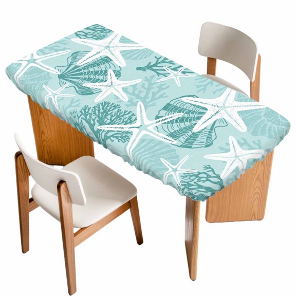 Fitted Tablecloth for 3 ft Rectangle Tables Mint Green Linen Ocean Starfish Table Cover with Elastic Edge Coastal Coral Conch Waterproof Table Clothes for Patio Garden Dinner Party Picnic Decor