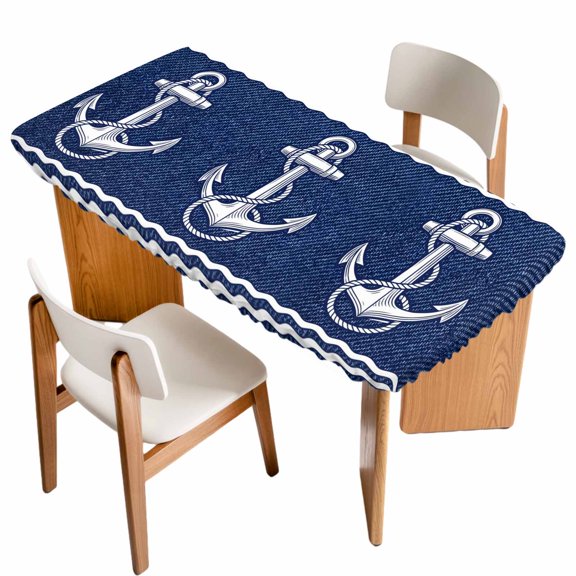 Fitted Tablecloth for 3 ft Rectangle Tables Nautical Ship Anchor Table Cover with Elastic Edge Coastal Denim Blue Stripes Waterproof Table Clothes for Patio Garden Dinner Party Picnic Decor