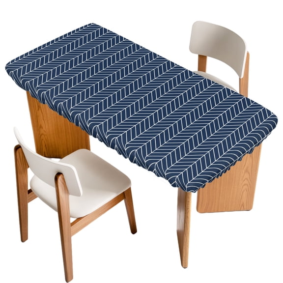 Fitted Tablecloth for 3 ft Rectangle Tables Navy Blue Chevron Stripes Table Cover with Elastic Edge Modern Geometric Texture Waterproof Table Clothes for Patio Garden Dinner Party Picnic Decor