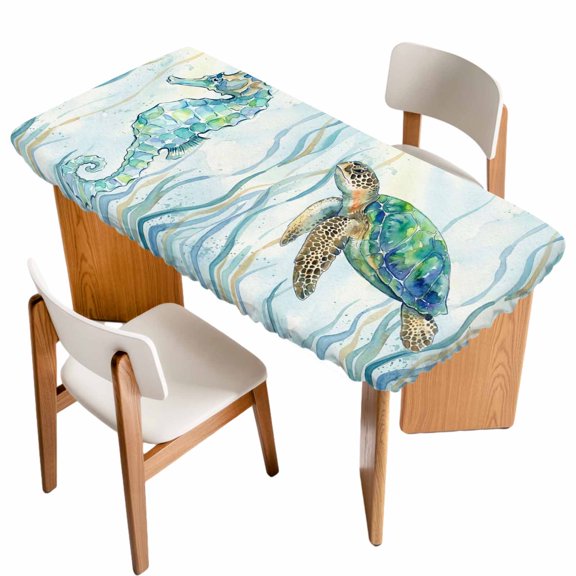Fitted Tablecloth for 3 ft Rectangle Tables Ocean Marin Life Table Cover with Elastic Edge Teal Coral Turtle Crab Octopus Waterproof Table Clothes for Patio Garden Dinner Party Picnic Decor
