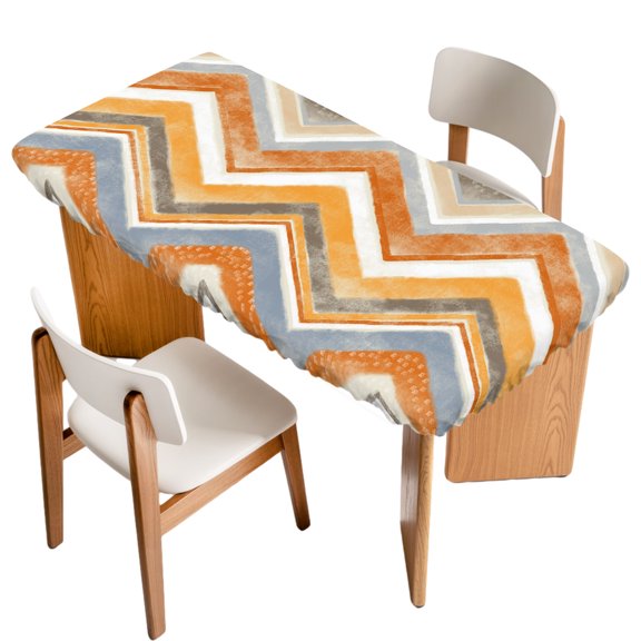 Fitted Tablecloth for 3 ft Rectangle Tables Orange Grey Chevron Table Cover with Elastic Edge Geometric Design Stripe Waterproof Table Clothes for Patio Garden Dinner Party Picnic Decor