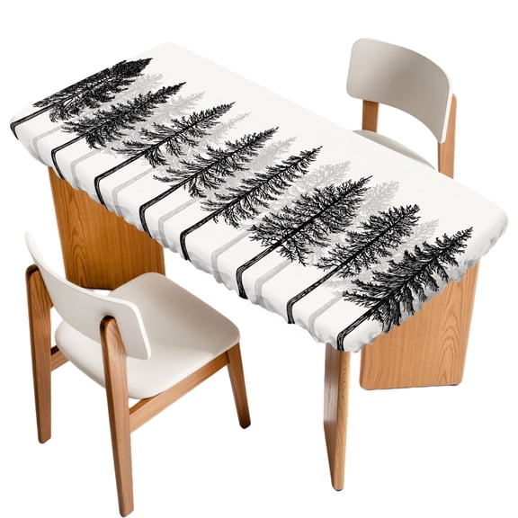 Fitted Tablecloth for 3 ft Rectangle Tables Pine Tree Forest Table Cover with Elastic Edge Black Woodland Landscape Waterproof Table Clothes for Patio Garden Dinner Party Picnic Indoor Outdoor Decor