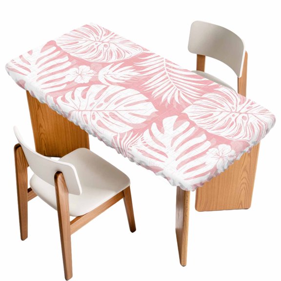 Fitted Tablecloth for 3 ft Rectangle Tables Pink Palm Leaves Table Cover with Elastic Edge Jungle Leaf Monstera Plant Waterproof Table Clothes for Patio Garden Dinner Party Picnic Decor
