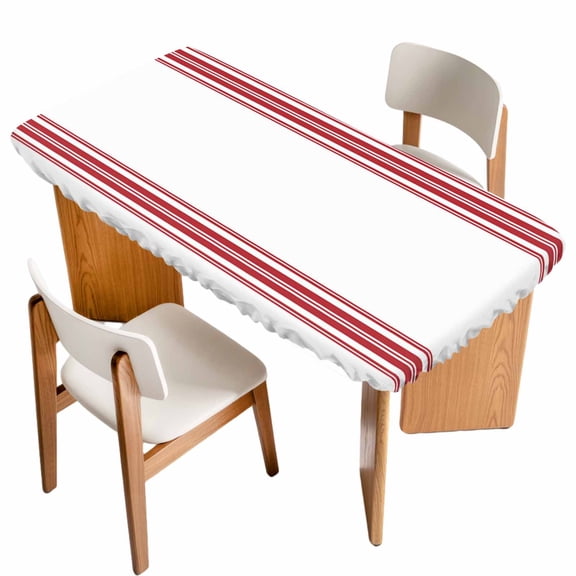 Fitted Tablecloth for 3 ft Rectangle Tables Red Ticking Vertically Stripe Table Cover with Elastic Edge Simple Style White Waterproof Table Clothes for Patio Garden Dinner Party Picnic Decor