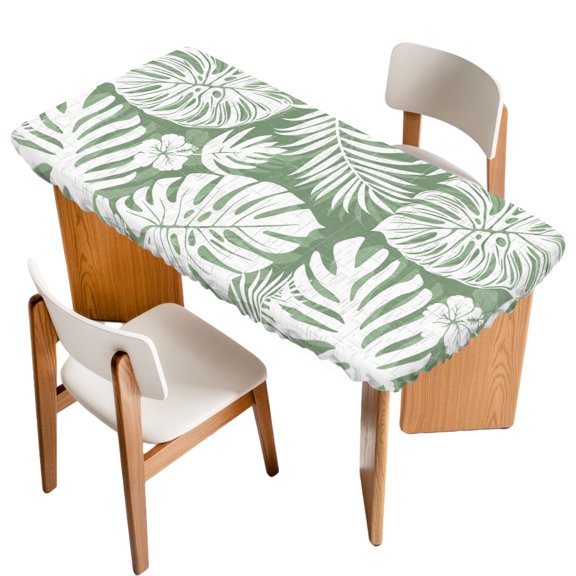 Fitted Tablecloth for 3 ft Rectangle Tables Sage Green Palm Leaves Table Cover with Elastic Edge Jungle Leaf Monstera Plant Waterproof Table Clothes for Patio Garden Dinner Party Picnic Decor