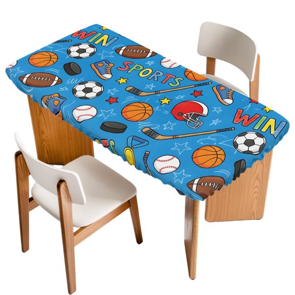Fitted Tablecloth for 3 ft Rectangle Tables Sports Balls Table Cover with Elastic Edge Basketball Soccer Baseball Rugby Ice Hockey Waterproof Table Clothes for Patio Garden Dinner Party Picnic Decor