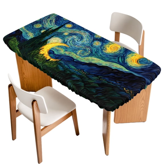 Fitted Tablecloth for 3 ft Rectangle Tables Star Moon Table Cover with Elastic Edge Dreamy Starry Night Impressionist Waterproof Table Clothes for Patio Garden Dinner Party Picnic Decor