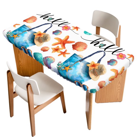 Fitted Tablecloth for 3 ft Rectangle Tables Summer Beach Hat Tote Bag Table Cover with Elastic Edge Starfish Shell Hello Waterproof Table Clothes for Patio Garden Dinner Party Picnic Decor