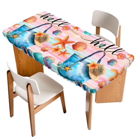 Fitted Tablecloth for 3 ft Rectangle Tables Summer Beach Hat Tote Bag Table Cover with Elastic Edge Starfish Shell Stripes Hello Waterproof Table Clothes for Patio Garden Dinner Party Picnic Decor