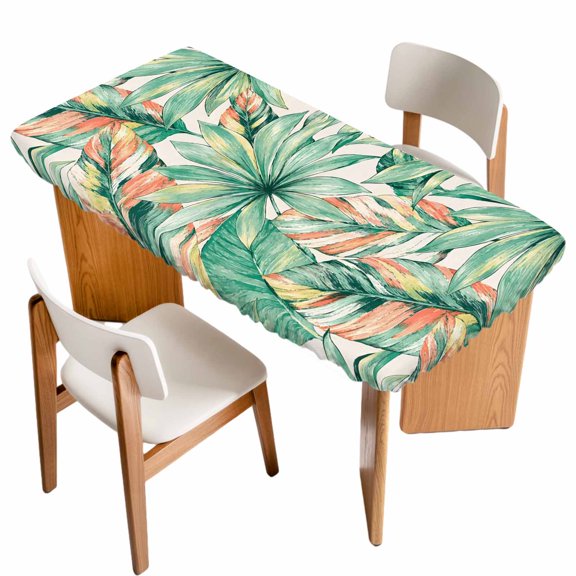 Fitted Tablecloth for 3 ft Rectangle Tables Summer Tropical Leaves Table Cover with Elastic Edge Nature Rainforest Jungle Waterproof Table Clothes for Patio Garden Dinner Party Picnic Decor