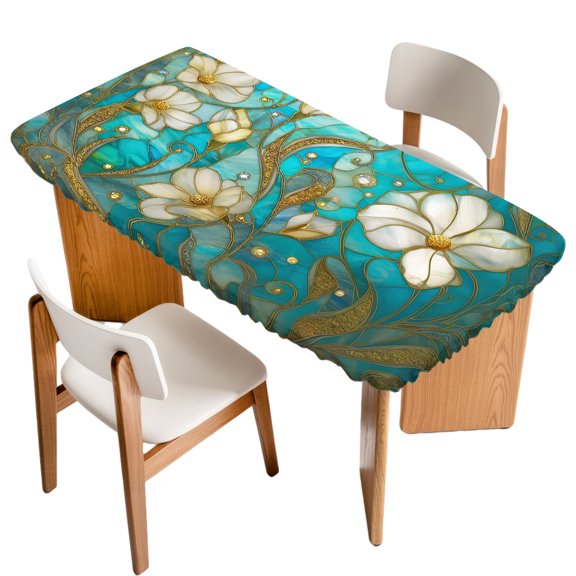 Fitted Tablecloth for 3 ft Rectangle Tables Teal Blue Stained Glass Table Cover with Elastic Edge Luxury Golden Veins Flower Waterproof Table Clothes for Patio Garden Dinner Party Picnic Decor