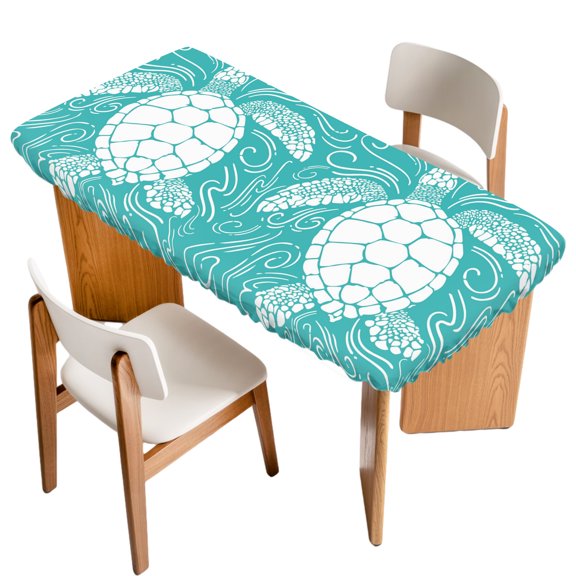 Fitted Tablecloth for 3 ft Rectangle Tables Turquoise Sea Turtle Table Cover with Elastic Edge Coastal Marine Life Waves Waterproof Table Clothes for Patio Garden Dinner Party Picnic Decor
