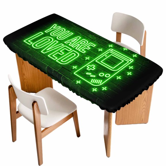 Fitted Tablecloth for 3 ft Rectangle Tables Video Game Table Cover with Elastic Edge Green Shiny Gaming Playing Gamer Waterproof Table Clothes for Patio Garden Dinner Party Picnic Decor