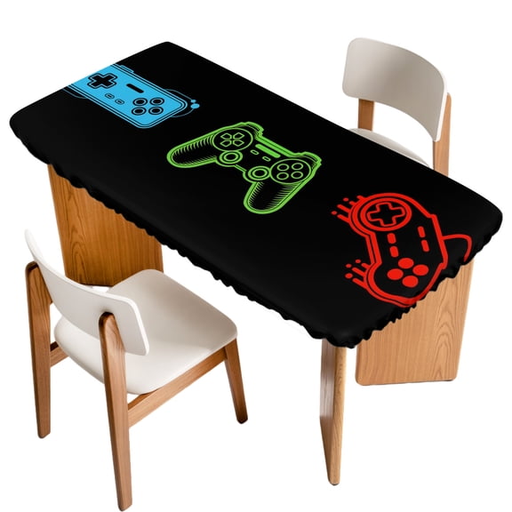 Fitted Tablecloth for 3 ft Rectangle Tables Video Games Table Cover with Elastic Edge Retro Gaming Playing Gamer Waterproof Table Clothes for Patio Garden Dinner Party Picnic Indoor Outdoor Decor