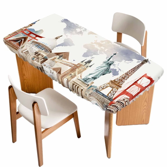 Fitted Tablecloth for 3 ft Rectangle Tables World Map Table Cover with Elastic Edge Famous Building Tourism Landscape Waterproof Table Clothes for Patio Garden Dinner Party Picnic Decor