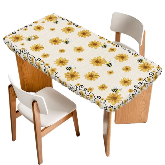 Fitted Tablecloth for 3 ft Rectangle Tables Yellow Daisy Bee Table Cover with Elastic Edge Sunflower Vines Frame Linen Waterproof Table Clothes for Patio Garden Dinner Party Picnic Decor