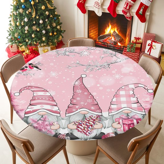 Fitted Tablecloth for 36-44in Round Table , Pink Gnome Christmas Tree Snowflake Table Cover with Elastic Edge Waterproof Table Cloth, Winter Snow Branch Bird Circle Table Covers for Kitchen Party