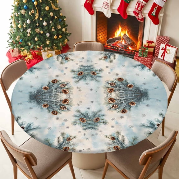 Fitted Tablecloth for 36-44in Round Table , Watercolor Winter Snowflake Pine Cone Table Cover with Elastic Edge Waterproof Table Cloth, Rustic Snow Pine Branch Circle Table Covers for Kitchen Party