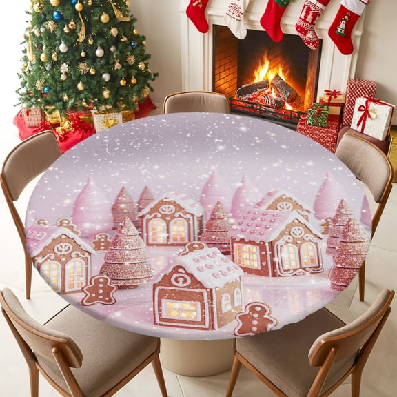 Fitted Tablecloth for 36-44in Round Table , Winter Christmas Cookie House Table Cover with Elastic Edge Waterproof Table Cloth, Xmas Tree Pink Brown Circle Table Covers for Kitchen Picnic Party
