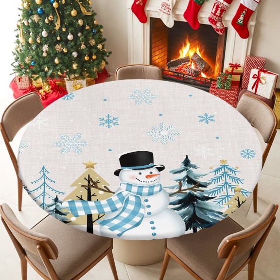 Fitted Tablecloth for 36-44in Round Table , Winter Snowman Snowflake on Linen Table Cover with Elastic Edge Waterproof Table Cloth, Geometric Christmas Tree Circle Table Covers for Kitchen Party