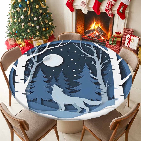 Fitted Tablecloth for 36-44in Round Table , Winter Wolves Blue Pine Tree Forest Table Cover with Elastic Edge Waterproof Table Cloth, Winter Snowflakes Circle Table Covers for Kitchen Picnic Party